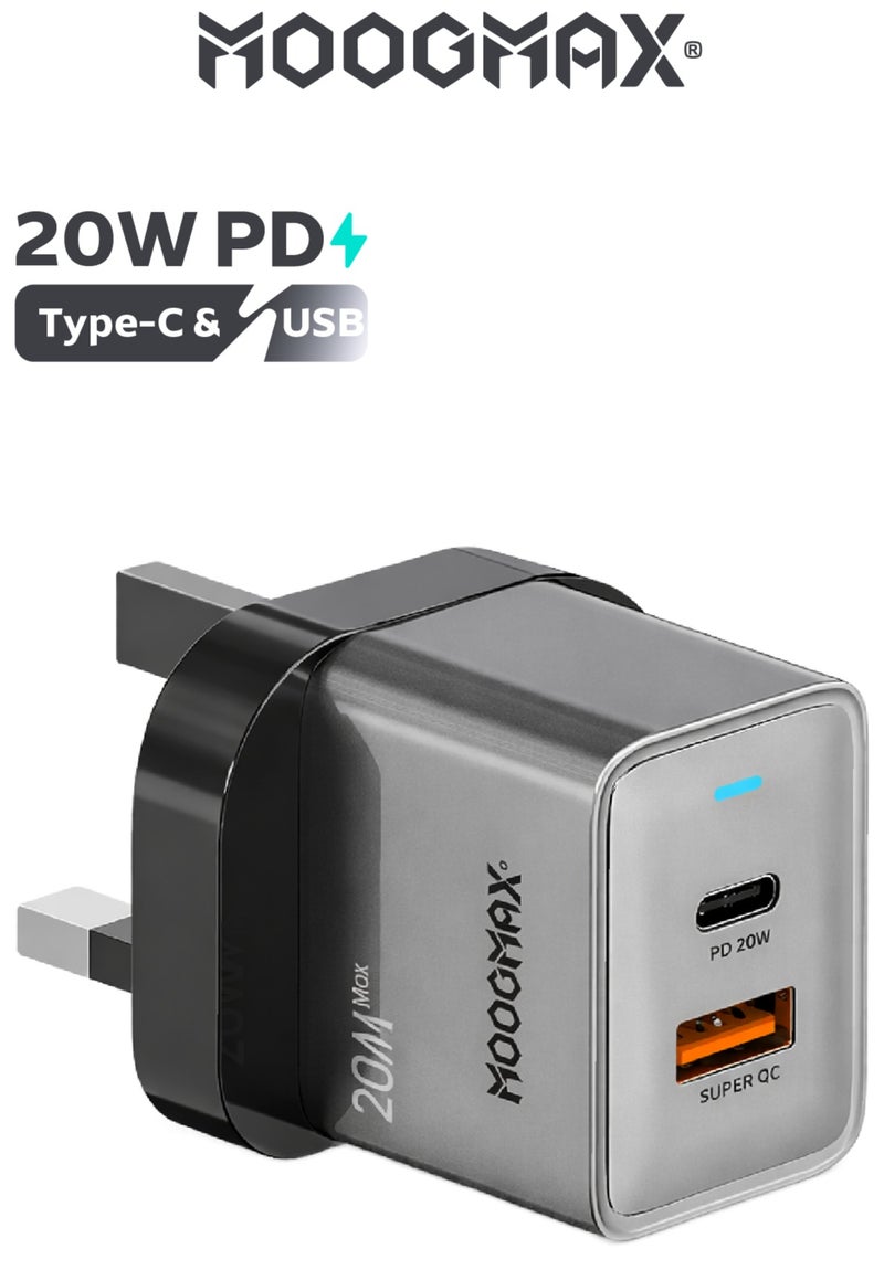 موجماكس شاحن جداري 20 واط. شاحن سريع وامان ضد الجهد الزائد. شاحن جداري بمنفذين شحن (تايب سي & يو اس بي). راس شاحن تايب سي يدعم الشحن السريع PD. فيش تايب سي و يو اس بي باللون الرمادي. شاحن ايفون، سامسونج، هواوي، وغيره من الأجهزة المدعومة. - Image 1